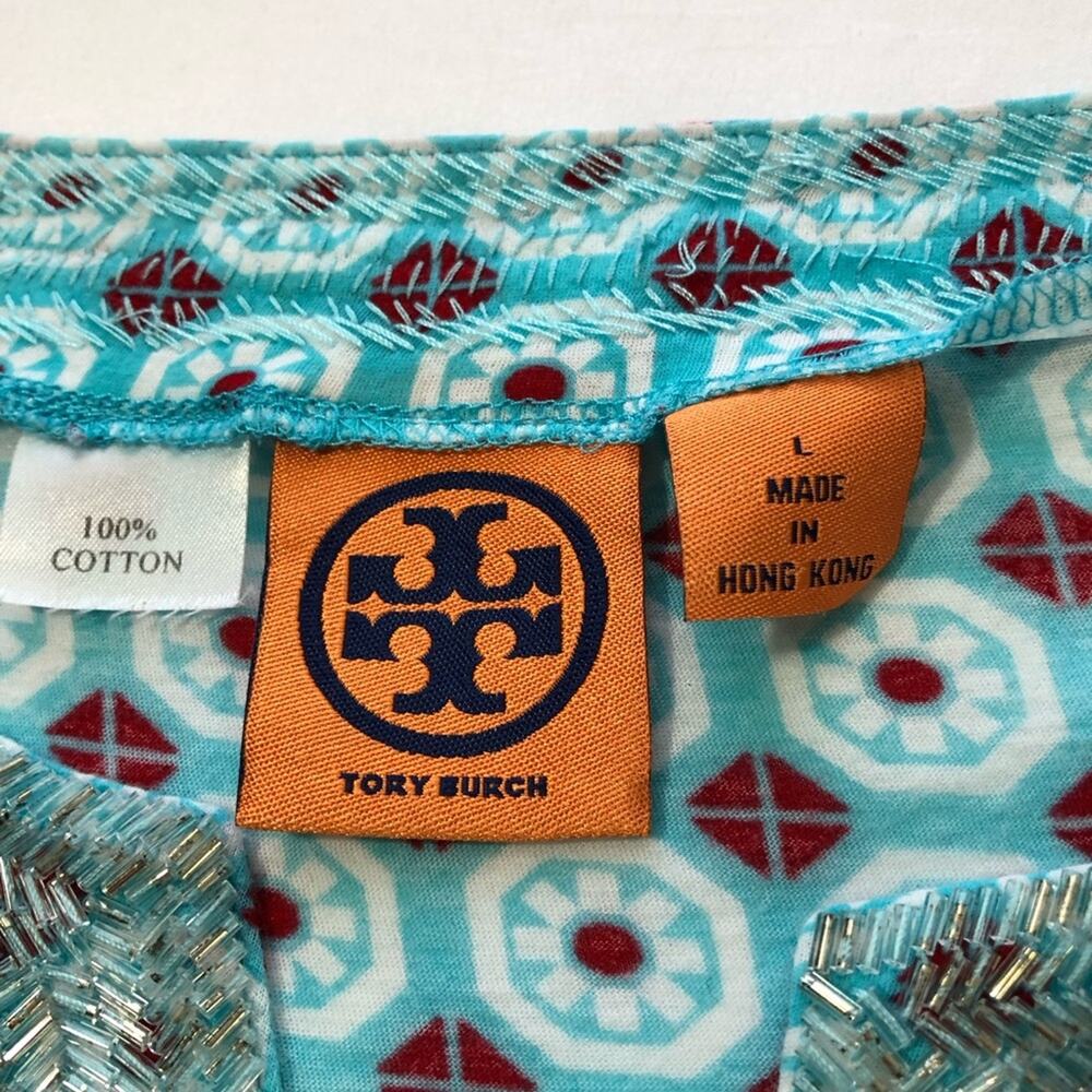 Tory Burch long-sleeve cotton v neck beaded top geometric medallion print L - Picture 3 of 9